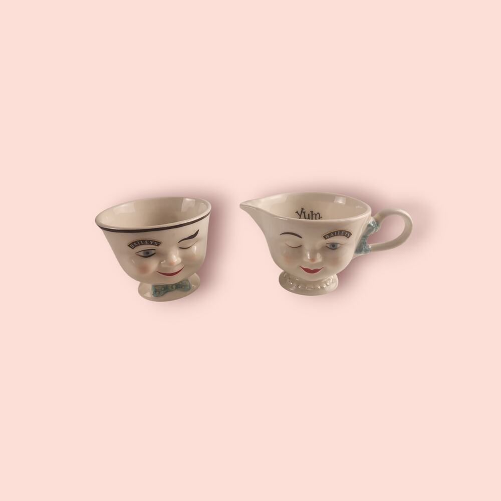 Vintage 96s Baileys Irish Creamer & Sugar Set Winking Face "Yum" Limited Edition